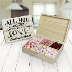 Hampers and Gifts to the UK - Send the Personalised All You Need Is Love Wooden Sweet Box - 6 Compartment